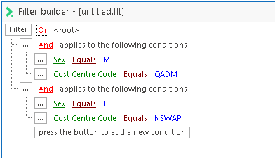This is the completed filter, using an overall OR, and two AND statements